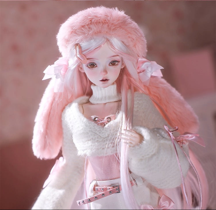 BJD Yurou – U1261 Official Girl Doll | Poseable Resin Doll with Pink Bunny-Ear Hat| Humanoid Figure| 1/4 Scale