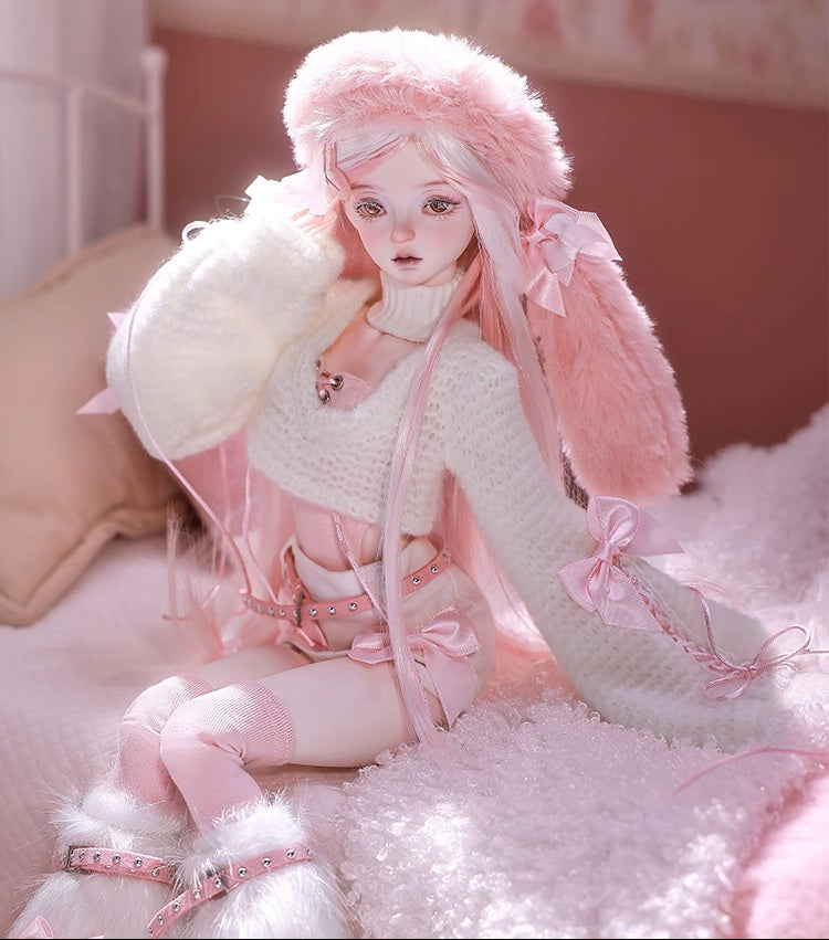 BJD Yurou – U1261 Official Girl Doll | Poseable Resin Doll with Pink Bunny-Ear Hat| Humanoid Figure| 1/4 Scale