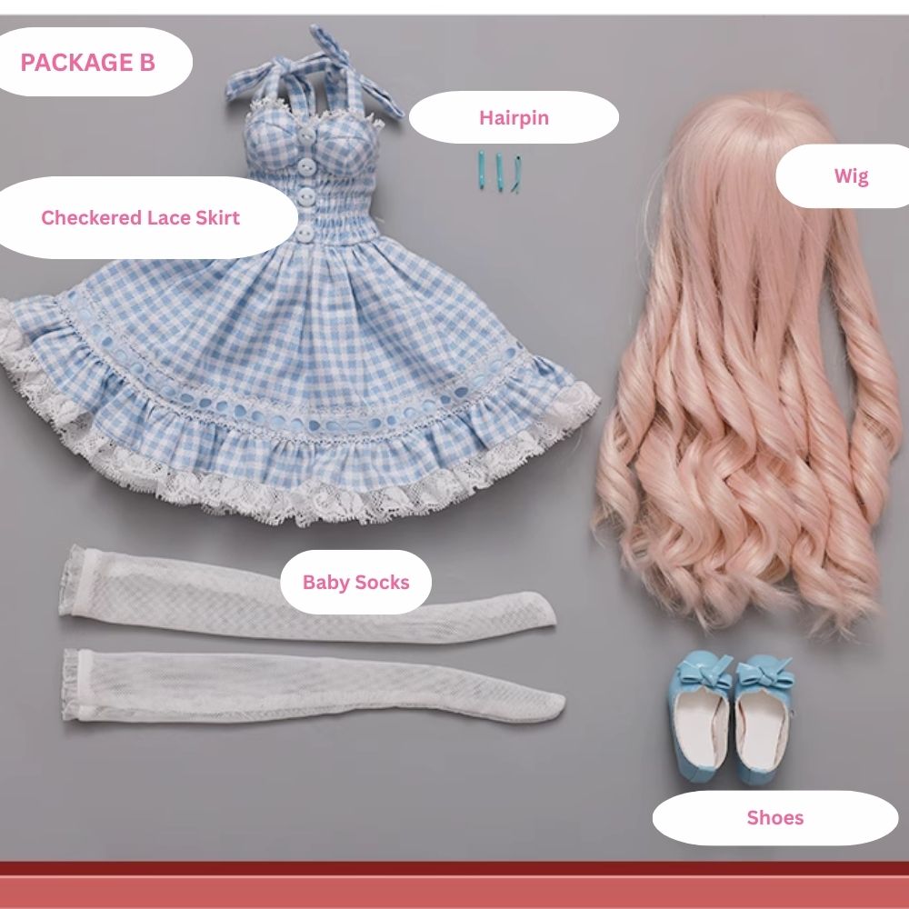 BJD Doll – U1260 Carmen (Xiao Ka) Girl in Plaid Lace Trim Dress | Poseable Jointed BJD Doll | Gift |  1/4 Scale