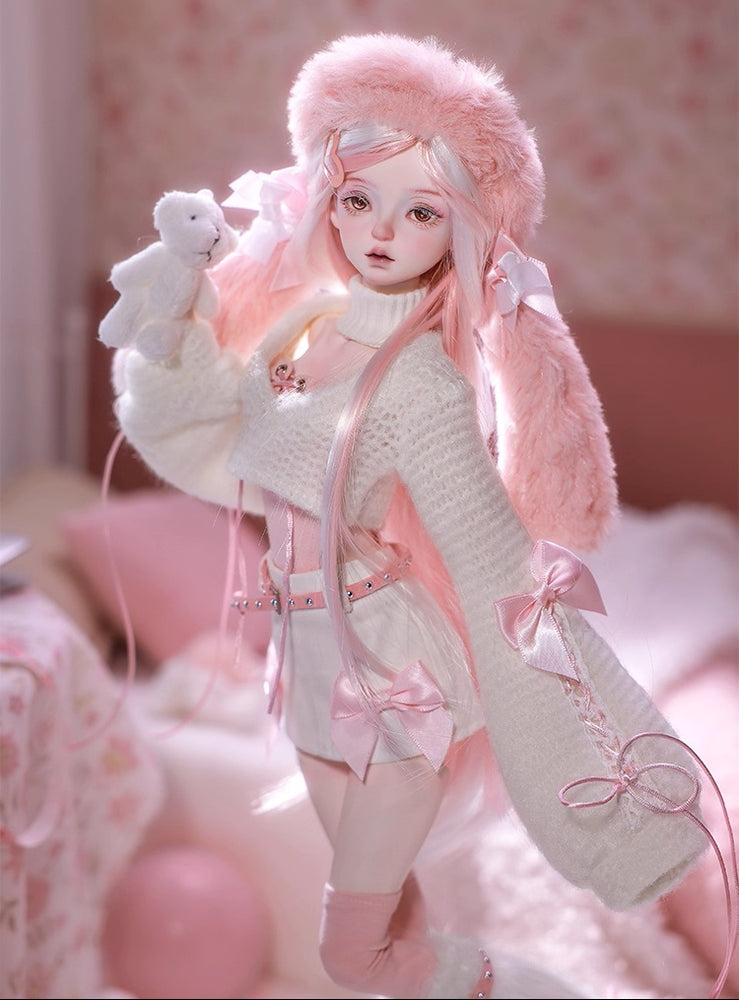 BJD Yurou – U1261 Official Girl Doll | Poseable Resin Doll with Pink Bunny-Ear Hat| Humanoid Figure| 1/4 Scale