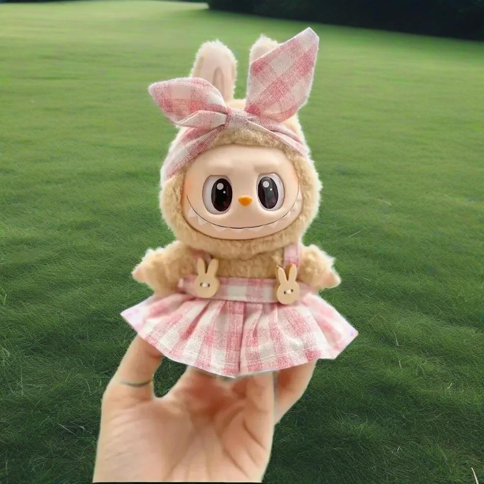 Cute Labubu Clothes - Plaid Pink Green Dress Outfit with Accessories