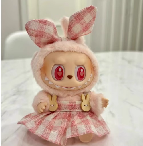 Cute Labubu Clothes - Plaid Pink Green Dress Outfit with Accessories
