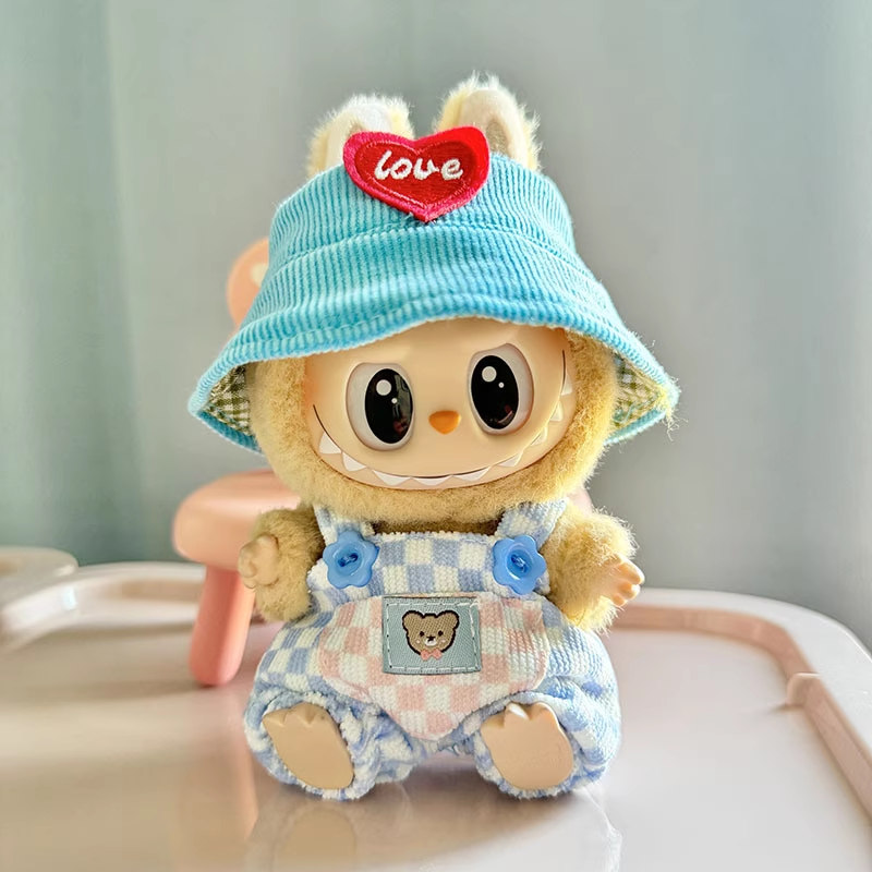 Cute Labubu Clothes - Summer Dungarees Checked Bear Outfit with Accessories