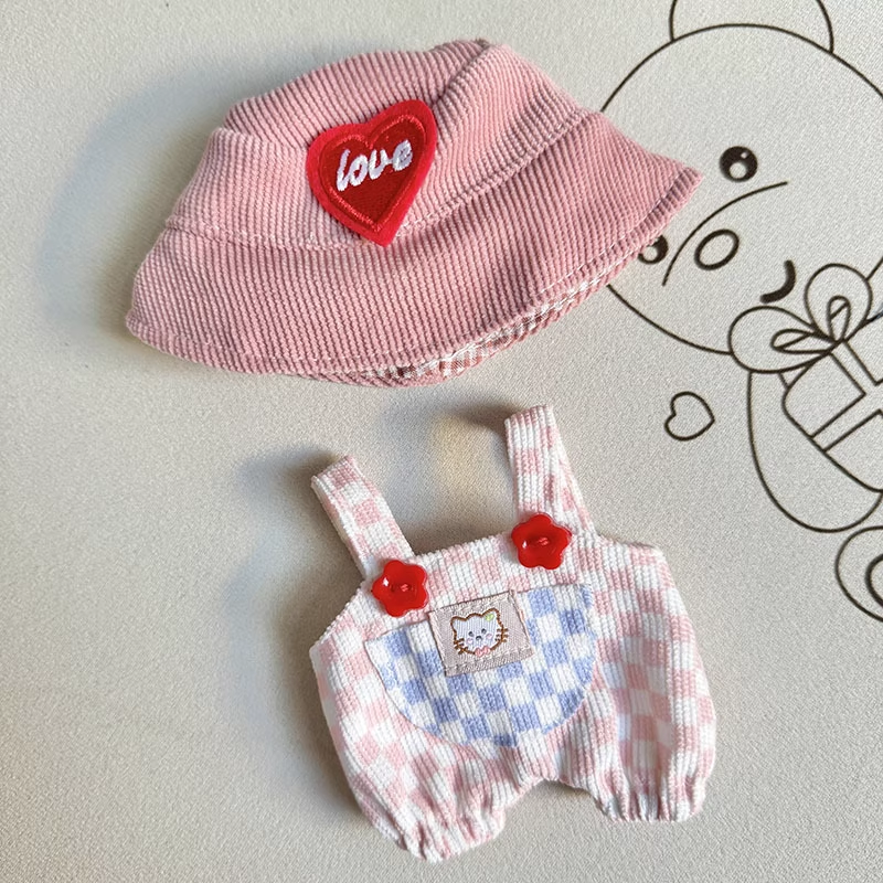 Cute Labubu Clothes - Summer Dungarees Checked Bear Outfit with Accessories